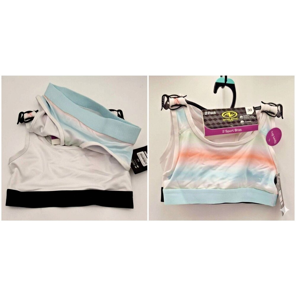 NWT Athletic Works Girls Racerback Sports Bra 2 Pack Size 30 Multicolor White